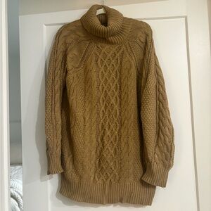 Cozy Tan Cable Knit Turtleneck Sweater Dress